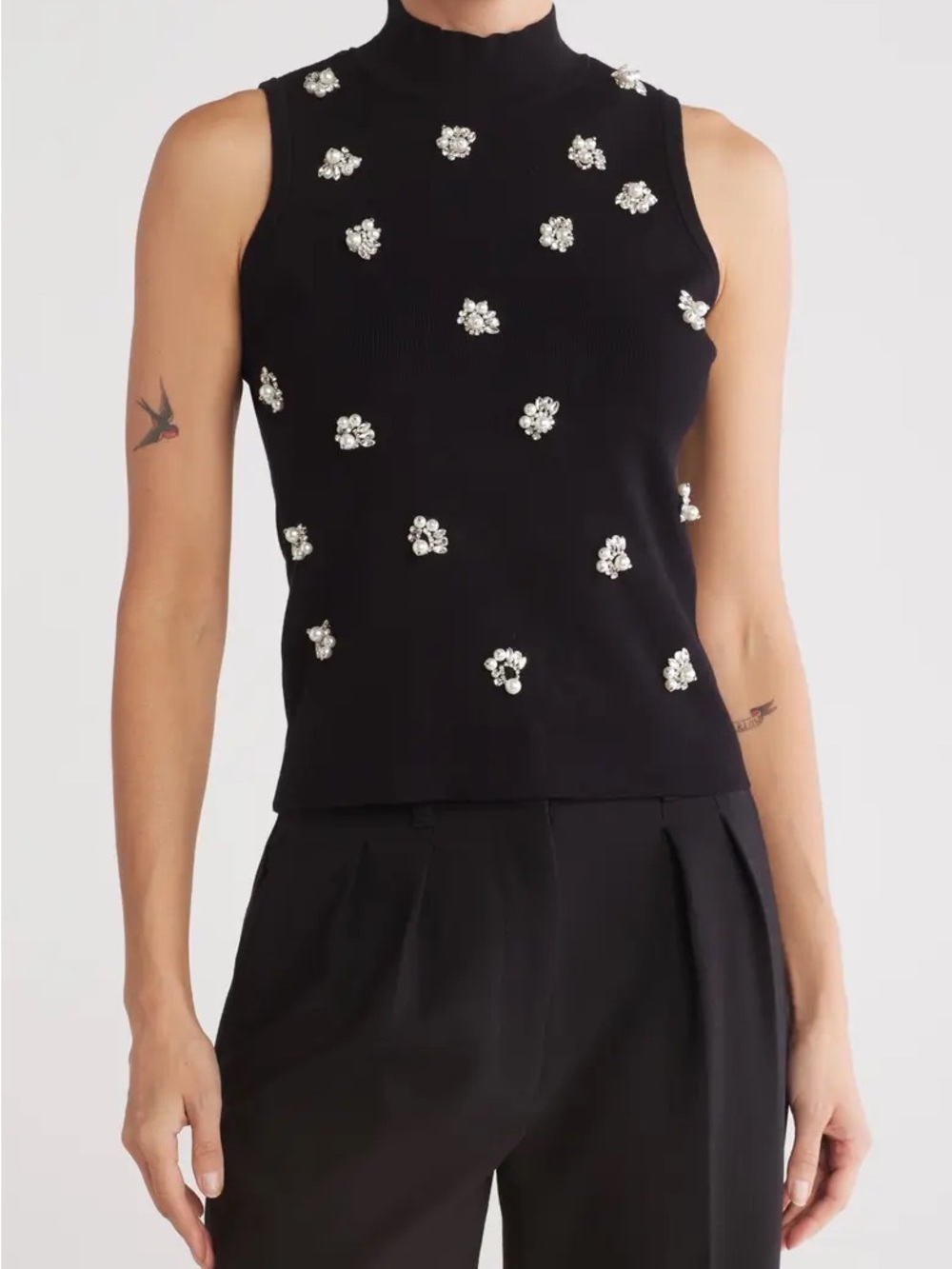 Jason Wu Black Sleeveless Mock Neck Top with Crystal Clusters